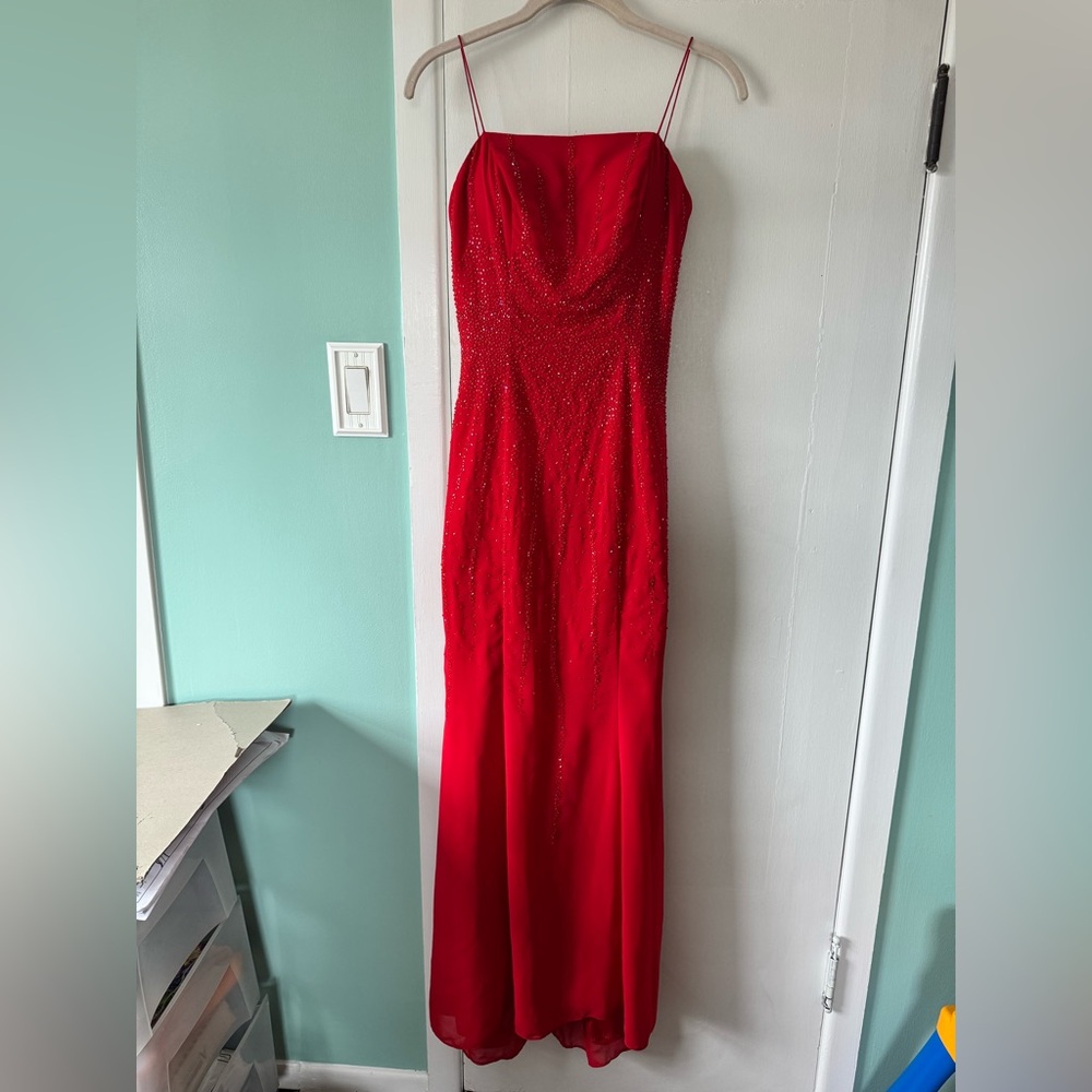 Sugarplum 2000s lace up back Lace Silk Like Formal Gown Cherry Red Prom